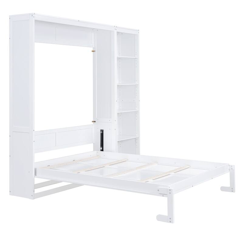 Space-Saving Queen Size Wall Bed with Shelves, White