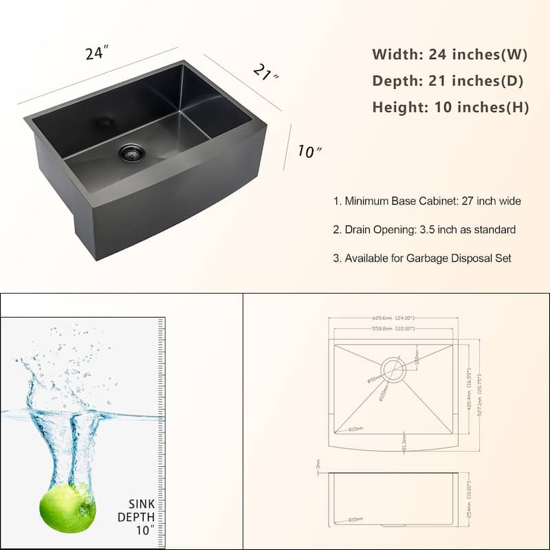Lordear 24" Stainless Steel Sink Undermount Apron Front Single Bowl Bar or Kitchen Sink with Accessories