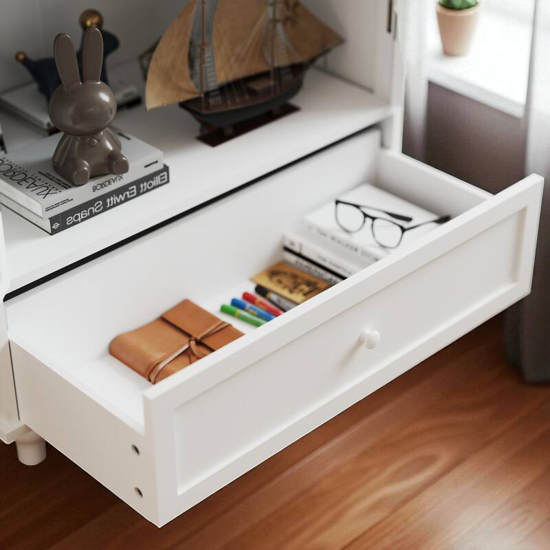 Modern Wooden Buffet Cabinet with Double Glass Doors & Drawer, Storage Sideboard for Dining Room & Entryway