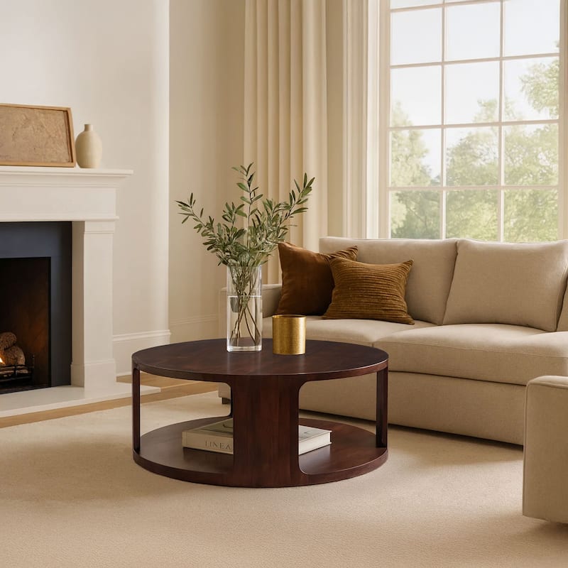 Bard Coffee Table, 38 Inch Round Top with Shelf, Walnut Brown Mango Wood Sculptural Frame