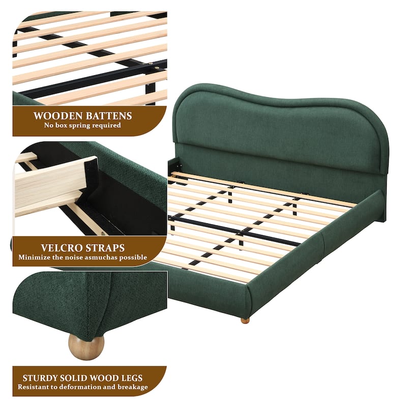 King Size Upholstered Platform Bed Frame with Headboard & Wood Legs
