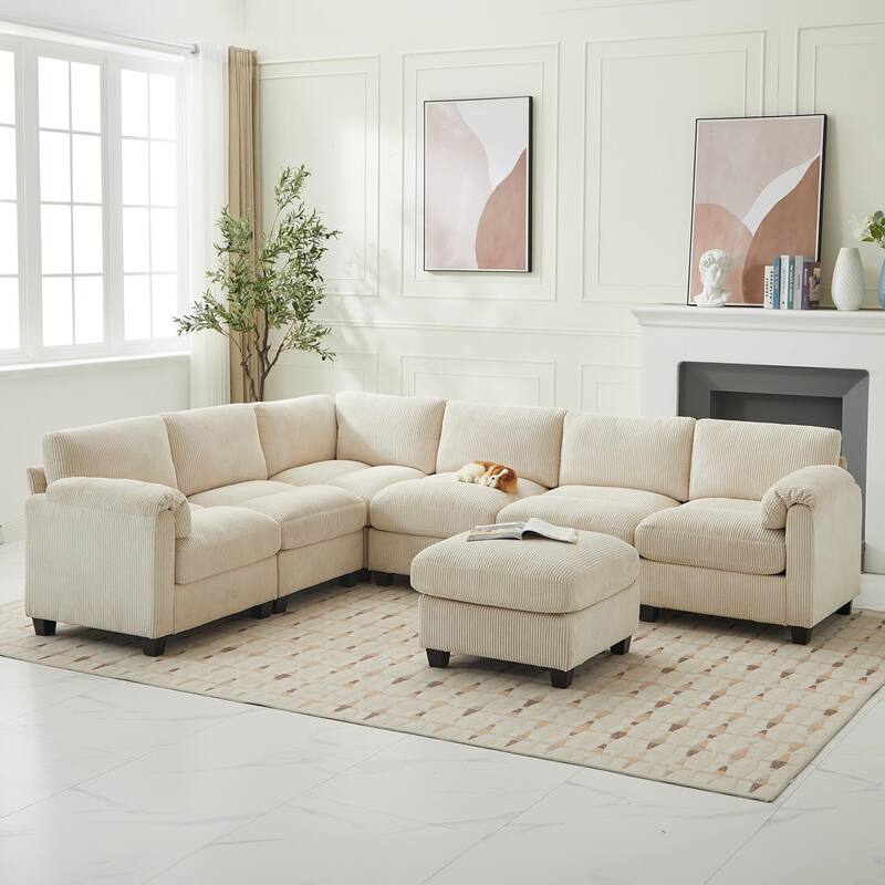 Corduroy Corner Sectional Sofas with a Removable Ottoman, L-shaped Reversible 7-seat Modular Couch