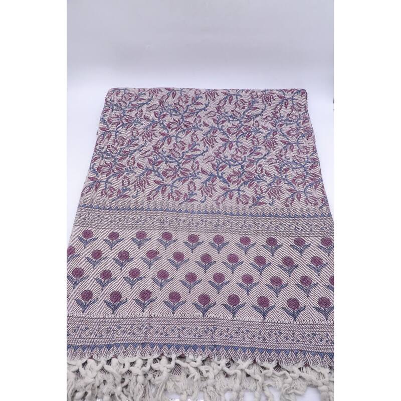 Fabdivine Kamal Dutta Handwoven Cotton Throw Blanket - Floral Block Print, Cozy Sofa & Bed Accent with Natural Fringe, 90"x54"