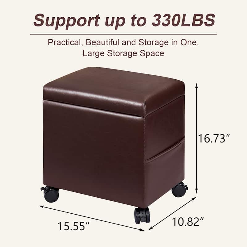 Adeco 16" W Upholstered Rectangle Storage Ottoman with Tray and Pocket