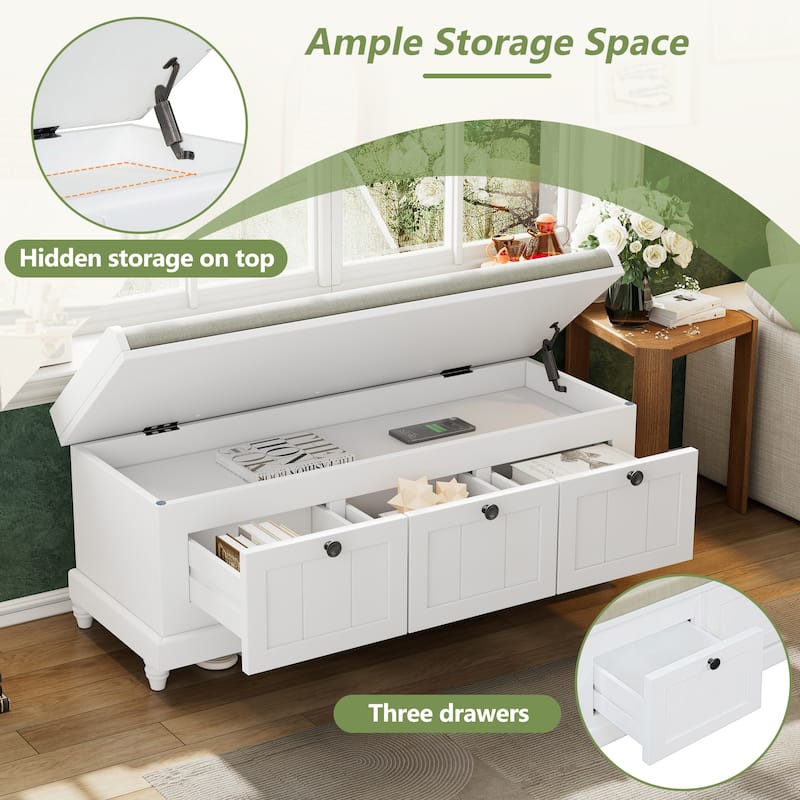 Storage Bench with Cushioned Seat & 3 Drawers, Wooden Entryway Storage Bench, Shoe Bench with Hidden Storage Space
