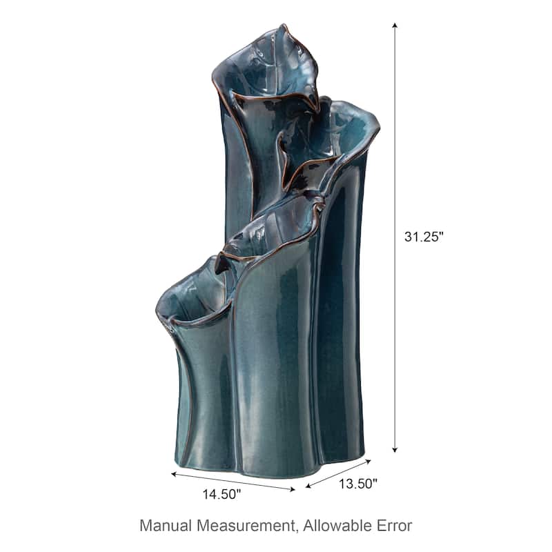 Glitzhome 31"H 4-Tiered Lotus Leaf Textured Ceramic Vase Outdoor Floor Fountain with LED