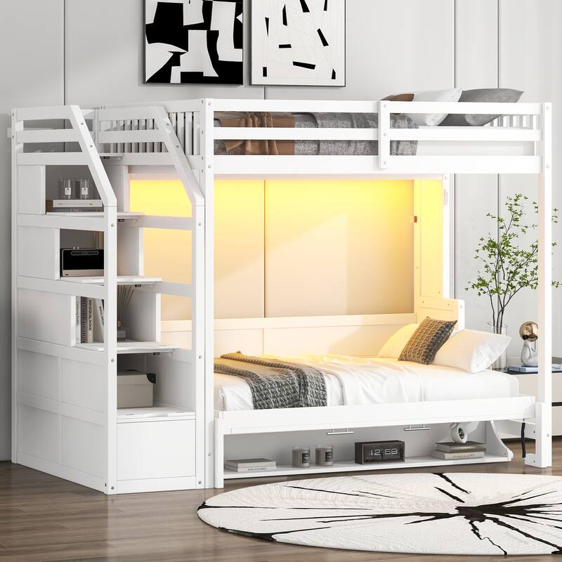 Full XL Loft Bed with Storage Stairs, Murphy Bed, LED Light, White