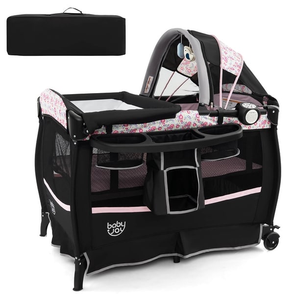slide 2 of 22, Babyjoy 3 in 1 Portable Baby Playard Nursery Center w/ Swing-away Pink + Black