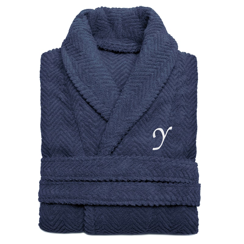 Authentic Hotel and Spa Midnight Blue with White Monogrammed Herringbone Weave Turkish Cotton Unisex Bath Robe - S/M - Y