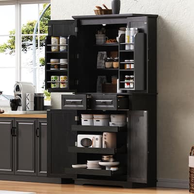 71" Tall Kitchen Pantry Cabinet with 3 Pull Out Cabinet Organizerswith 6 Door Shelves, 2 Drawers, Freestanding Cupboard