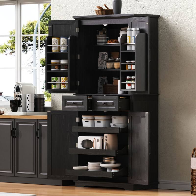Kitchen Pantry Cabinet with 3 Pull Out Trays, Freestanding Buffet Cabinet with Adjustable Shelves, 2 Door Organizers & 2 Drawers - Black