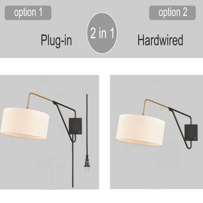 Hierro Mid-Century Fabric Plug-in Wall Light Swing Arm Wall Lamp - Black & Brass