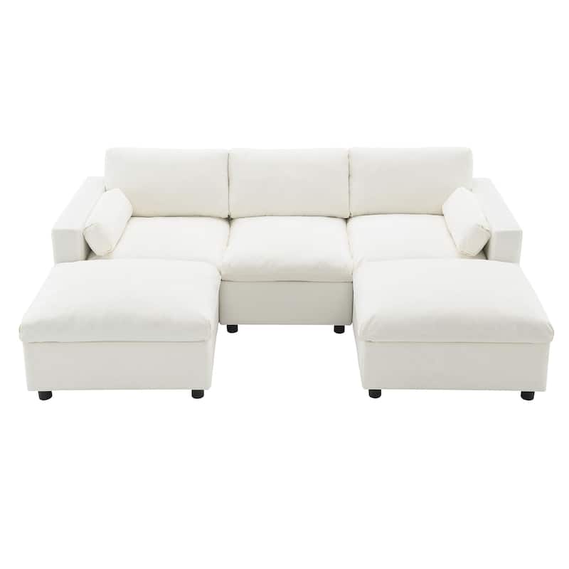 86.5" 5 Seater Modular Sectional Sofa with 2 Ottoman and Side Pockets - White