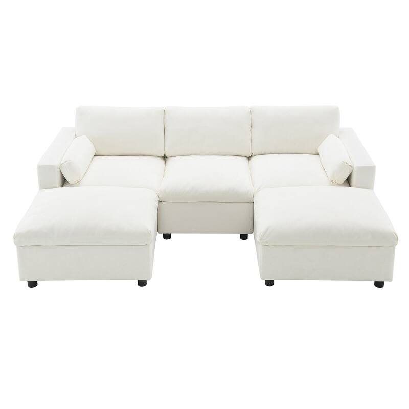 86.5" Chenille Modular Sofa with Storage Pockets, Movable Ottomans