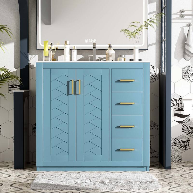 36" Bathroom Vanity with Ceramic Sink - Solid Wood, 3 Soft-Close Drawers, Storage Cabinet - Painted - Blue