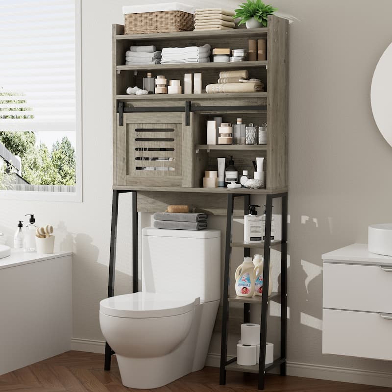 Over The Toilet Storage Cabinet – Farmhouse Storage Cabinet With Sliding Door - Grey/Black