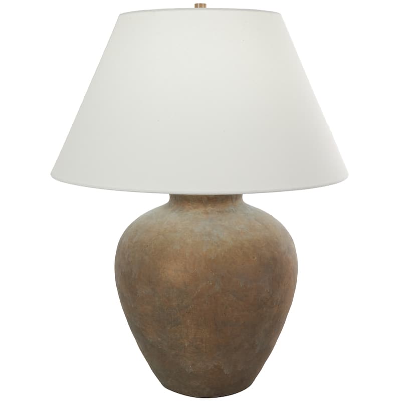 Ceramic Wide Rounded Distressed Antique Table Lamp with Cream Linen Shade - Black or Brown - Roche River Decor