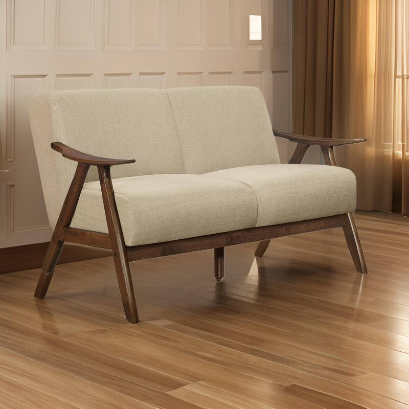 Indy 51 Inch Loveseat, Brown Rubberwood Angled Frame, Textured Beige Fabric