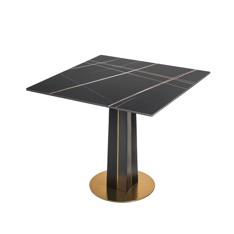 Modern Square Negotiation Table - 85cm Black Sintered Stone Top, Black Wooden Legs with Golden Metal Base