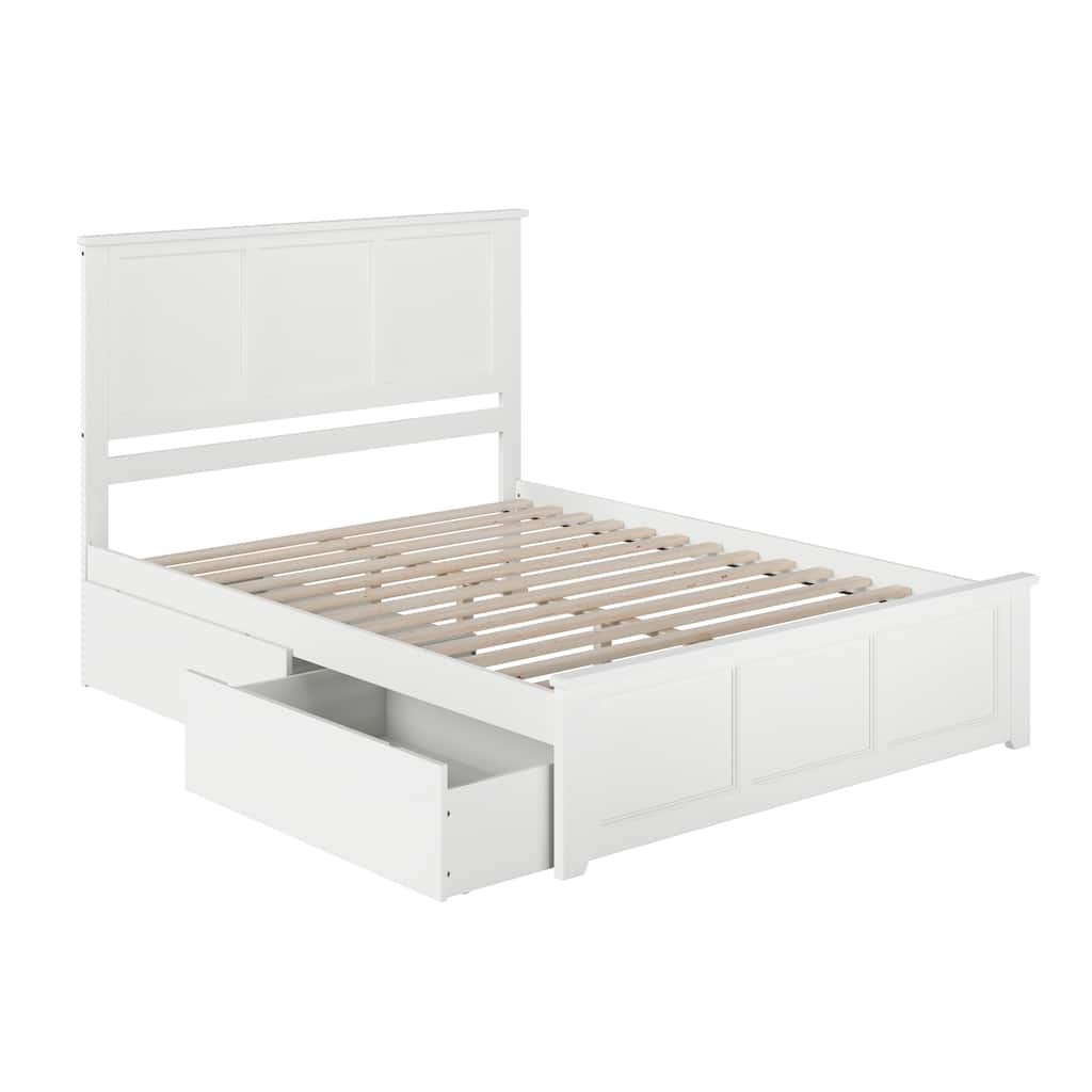Madison Queen Solid Wood Platform Bed with Matching Footboard & 2 Storage Drawers in White