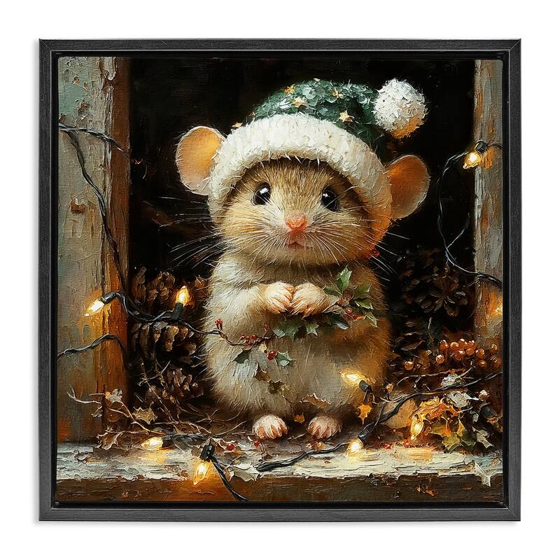 Stupell Barn Mouse with Christmas Lights Framed Floater Canvas Wall Art Design By Riley B - 25 x 25 - Black