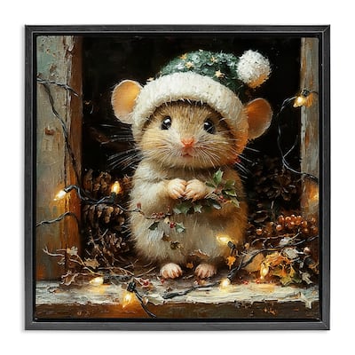 Stupell Barn Mouse with Christmas Lights Framed Floater Canvas Wall Art Design By Riley B