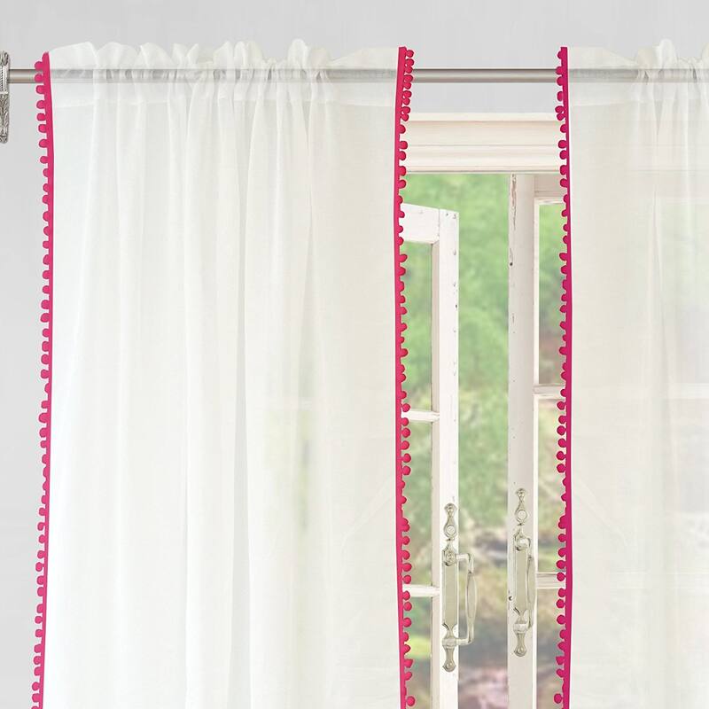 DriftAway Laura Pom Pom Sheer Window Curtain Panel Pair