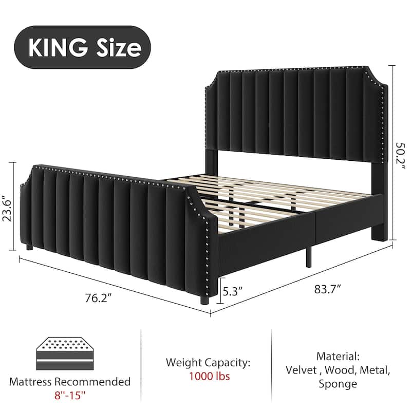Velvet Upholstered Bed Frame with Headboard and Footboard