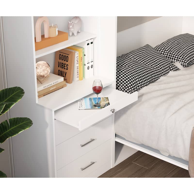 Modern Full Size Vertical Murphy Bed with Shelf and Drawers, White Space-Saving Wall Bed for Bedroom or Guestroom