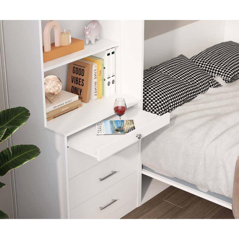 White Vertical Murphy Bed with Storage Shelves and Drawers - Full Size, Gas Struts Included