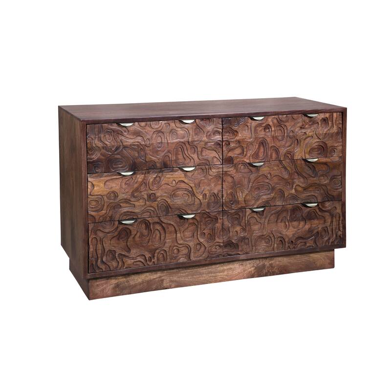 Solid Wood Carved Storage Dresser with 6 Drawers - Dark Brown