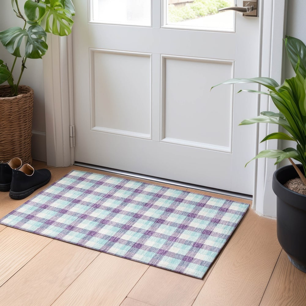 Machine Washable Indoor/ Outdoor Plaid Chantille Rug