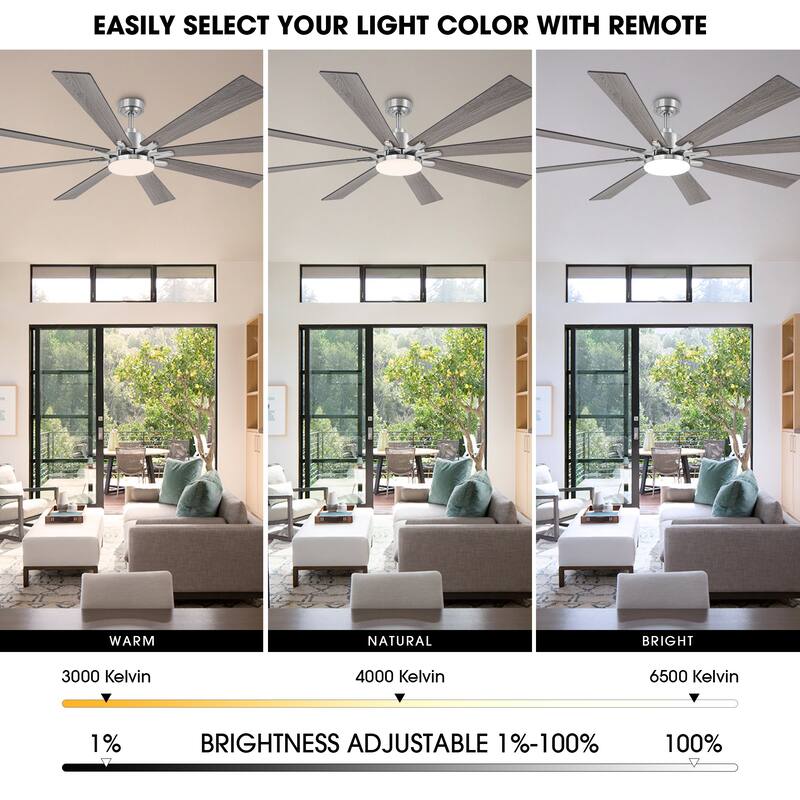 72-in Brushed Nickel Reversible 8-Blade Large Industrial Smart Ceiling Fan with Light and APP Control