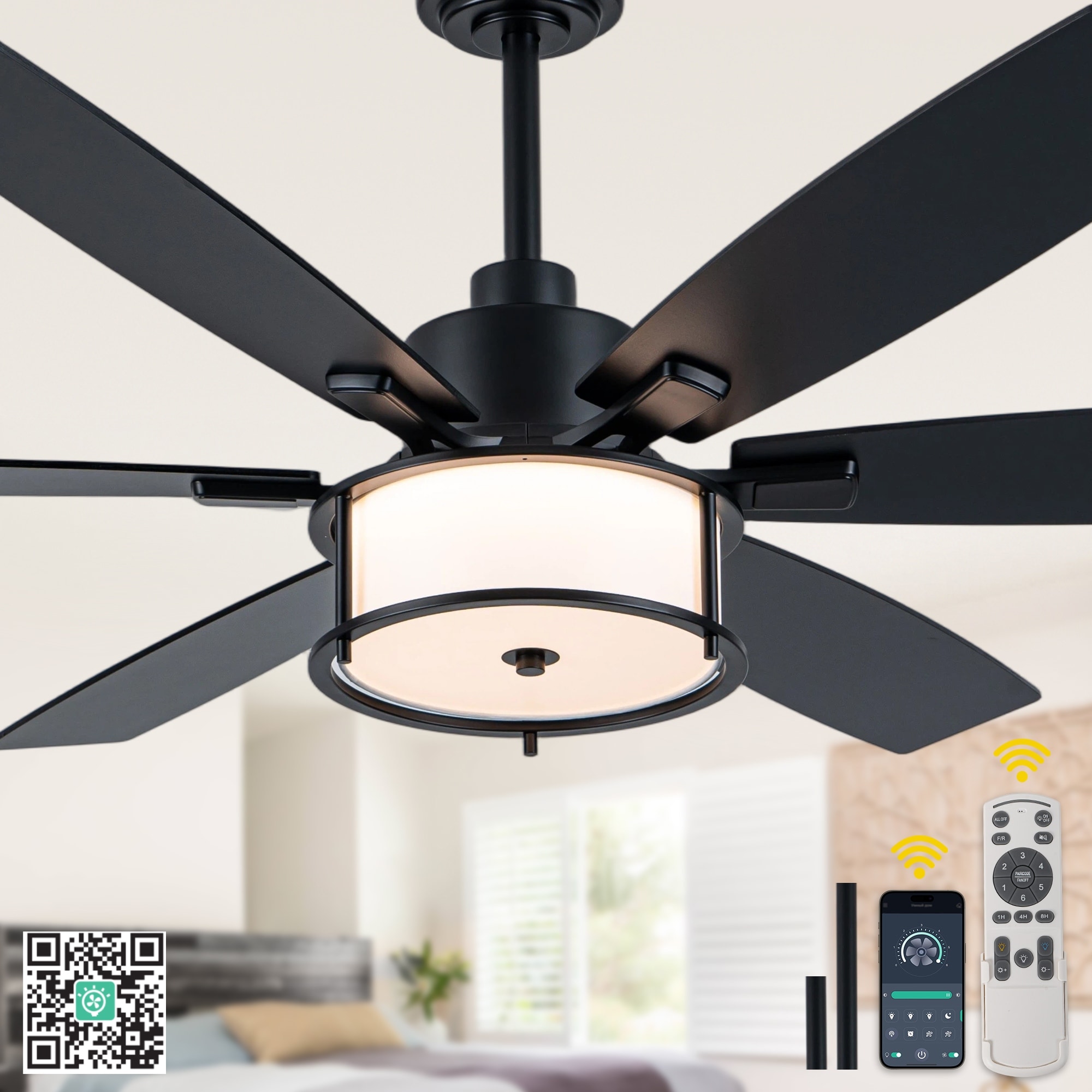Bella Depot 60" Modern Large Ceiling Fan with LED Light and Remote DC Motor 6-speed Reversible for Living Room Bedroom.