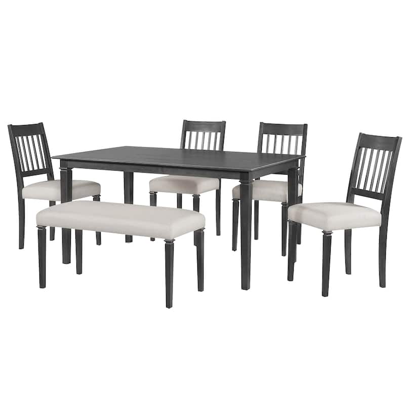 6-Piece Farmhouse Dining Table Set with Rectangular Wood Table, 4 Chairs & Bench, Kitchen Dining Room Table Set for 6