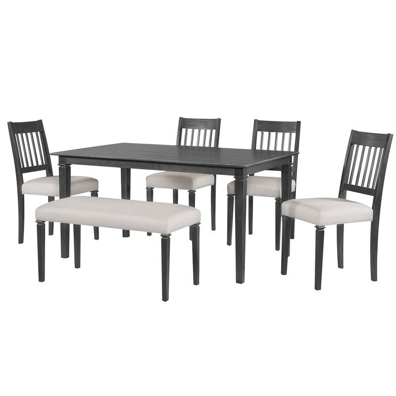 Roomfitters 6-Piece Retro Dining Room Set, Wooden Rectangular Table with 4 Upholstered Chairs and Bench, Space Saving