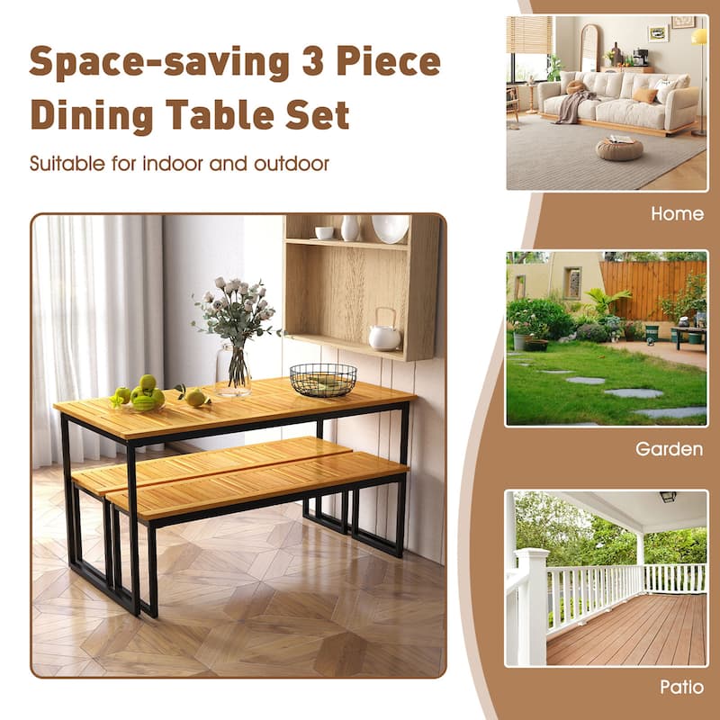 Gymax 3 PCS Outdoor Dining Set for 6 w/Acacia Wood Tabletop Metal