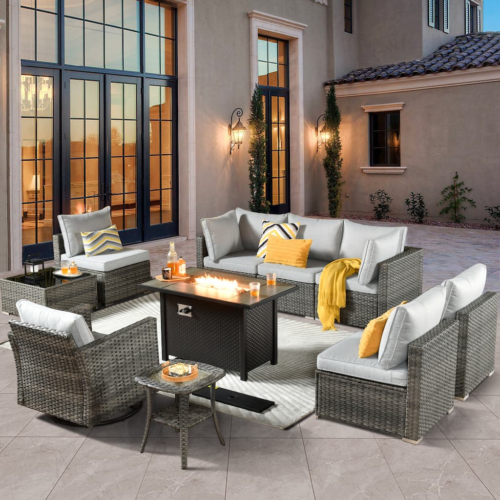 XIZZI 10-Piece Outdoor Furniture Wicker Sectional Set with 42" Fire Table