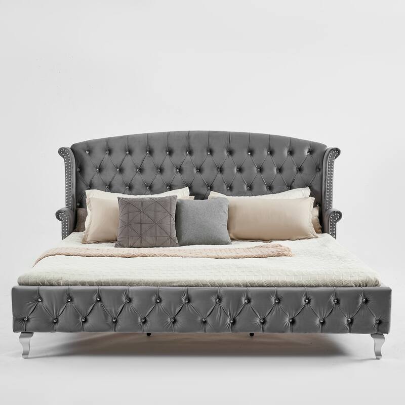 Christopher Knight Home - Larkswood Velvet Upholstered King Size Bed Frame with Wingback Headboard
