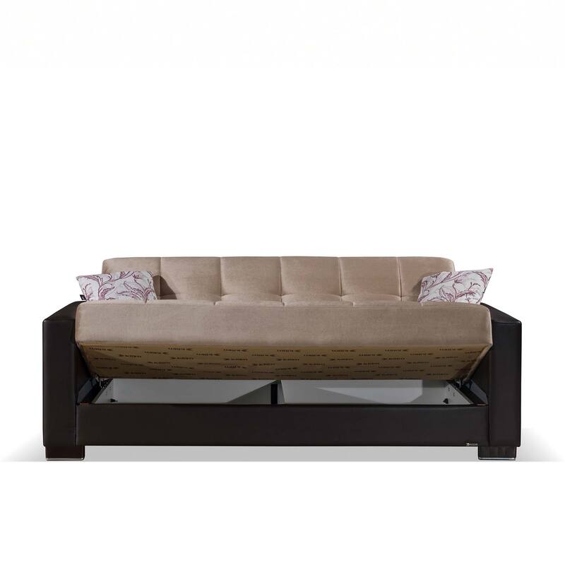 HomeRoots 87" Sand And Brown Chenille And Faux Leather Convertible Futon Sleeper Sofa And Toss Pillows With Storage