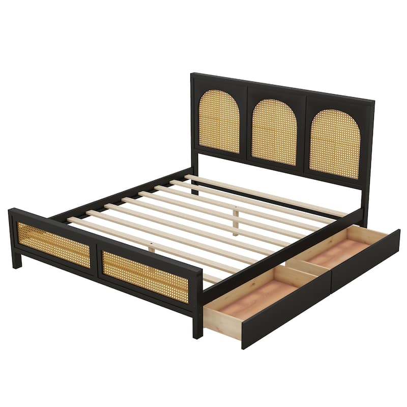 Queen Size Wood Platform Bed with Rattan Headboard, Footboard, and Storage Drawers