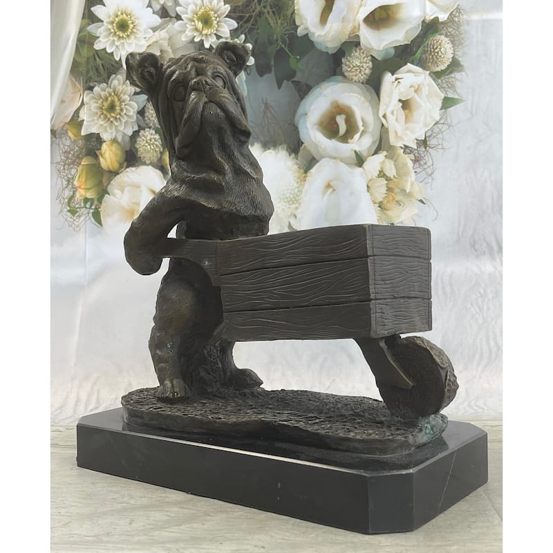 English Imitative BullImitative dog Pushing Wheelbarrow Bronze Planter Dish Sculpture Figure 12 Inches X 12 Inches