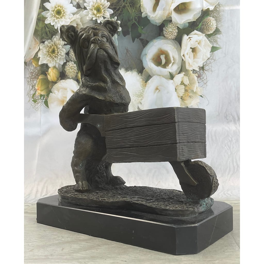 English Imitative BullImitative dog Pushing Wheelbarrow Bronze Planter Dish Sculpture Figure 12 Inches X 12 Inches