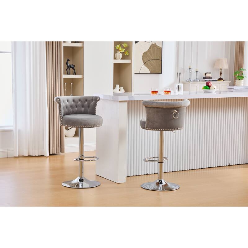 Velvet Upholstered Bar Stool Set of 2, Adjusatble Height Swivel Bar Stools, Dining Chairs with Curved Backrest & Footrest