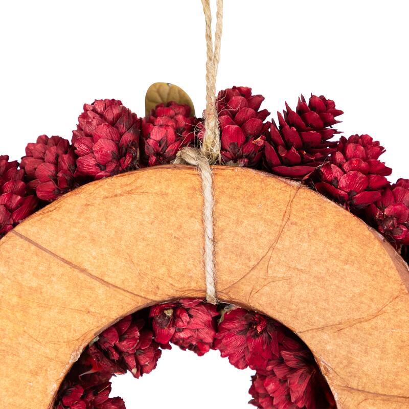 Red Gold Pine Cone Ornament Artificial Christmas Wreath, 9.5", Unlit