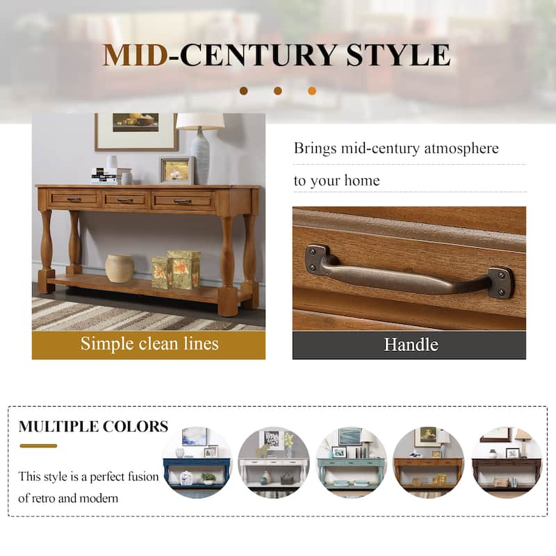Solid Wood Console Table with 3 Drawers and Bottom Shelf