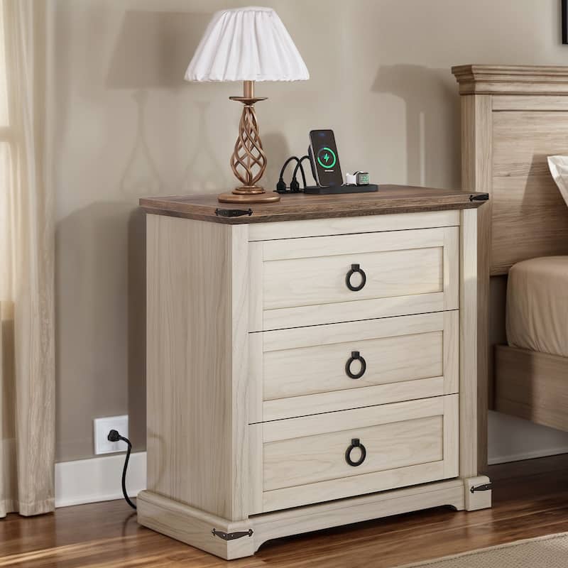 Moasis Classic 3 Drawers Nightstand with Charging Station and Power Outlet - Off-White