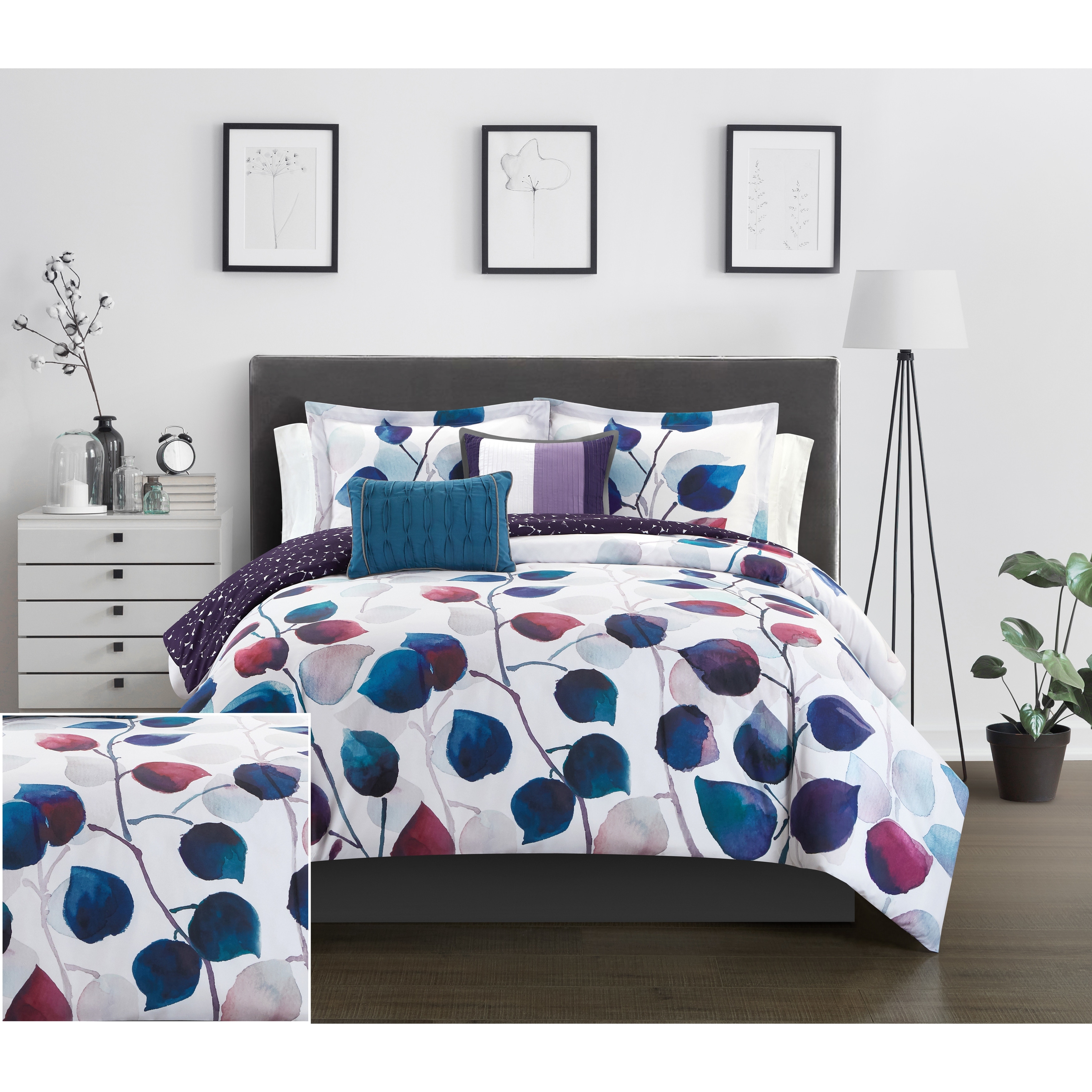 BEAUTIFUL 7 PC MODERN CHIC GREY WHITE PLUM PURPLE CHIC FLOWER COMFORTER SET NEW 