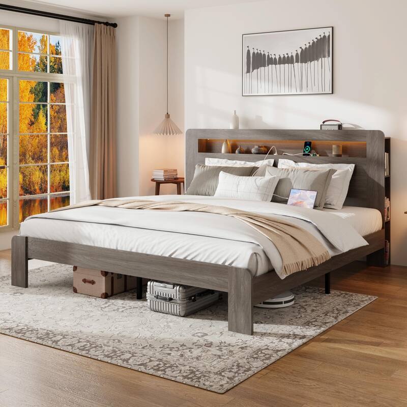 Wood Platform Bed Frame with Storage, LED Light Headboard and 2 USB Ports, Noise-Free