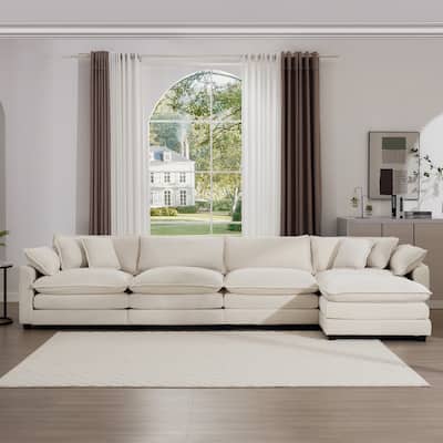 L Shape Modular Sectional Sofa Set with Ottoman, 4 Seater Corduroy Upholstered Couch with Removable Armrests for Livingroom